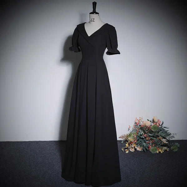 Chic / Belle Noire Robe De Soirée 2023 Princesse V-Cou Manches Courtes Longue Soirée Robe De Ceremonie