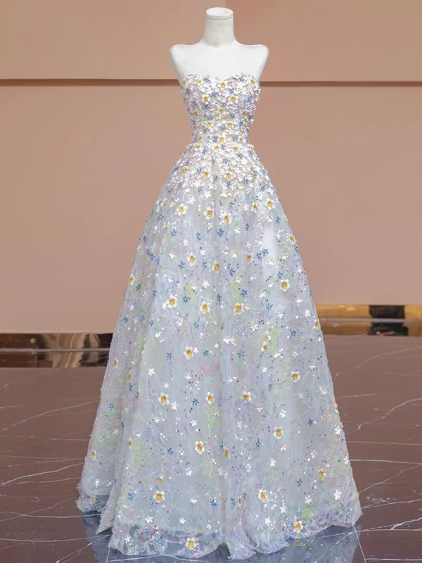 Flower Fairy White Lace Flower Appliques Prom Dresses 2024 A-Line / Princess Strapless Sleeveless Backless Floor-Length / Long Prom Formal Dresses