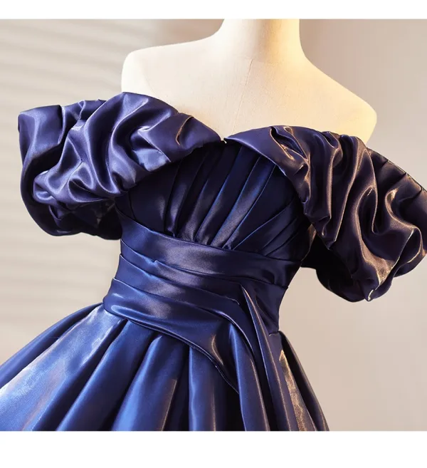 Vintage / Retro Navy Blue Satin Prom Dresses 2025 Ball Gown Off-The-Shoulder Short Sleeve Backless Floor-Length / Long Prom Formal Dresses