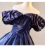 Vintage / Retro Navy Blue Satin Prom Dresses 2025 Ball Gown Off-The-Shoulder Short Sleeve Backless Floor-Length / Long Prom Formal Dresses