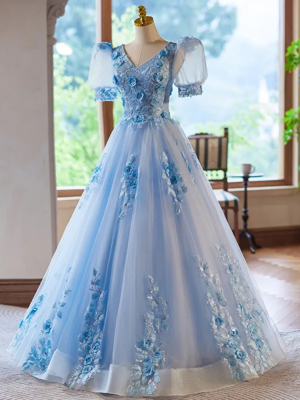 Chic / Beautiful Sky Blue Appliques Lace Flower Prom Dresses 2024 Ball Gown V-Neck Short Sleeve Backless Floor-Length / Long Prom Formal Dresses