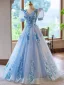 Chic / Beautiful Sky Blue Appliques Lace Flower Prom Dresses 2024 Ball Gown V-Neck Short Sleeve Backless Floor-Length / Long Prom Formal Dresses