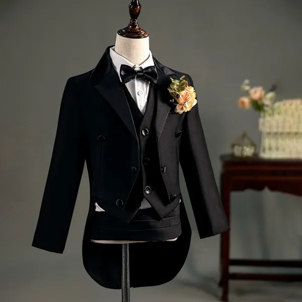 Black Long Sleeve Wedding Boys Wedding Suits 2025 Body Jewellery Coat Tailcoat / Tuxedo Girdle Pants Shirt Tie Vest