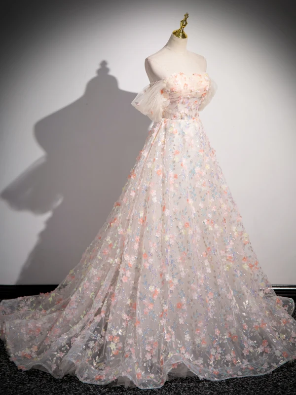 Flower Fairy Appliques Sequins Prom Dresses 2024 Ball Gown Off-The-Shoulder Sleeveless Backless Floor-Length / Long Formal Dresses