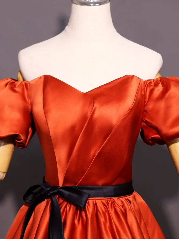 Elegant Orange Satin Prom Dresses 2024 A-Line / Princess Off-The-Shoulder Short Sleeve Backless Bow Sash Floor-Length / Long Prom Formal Dresses