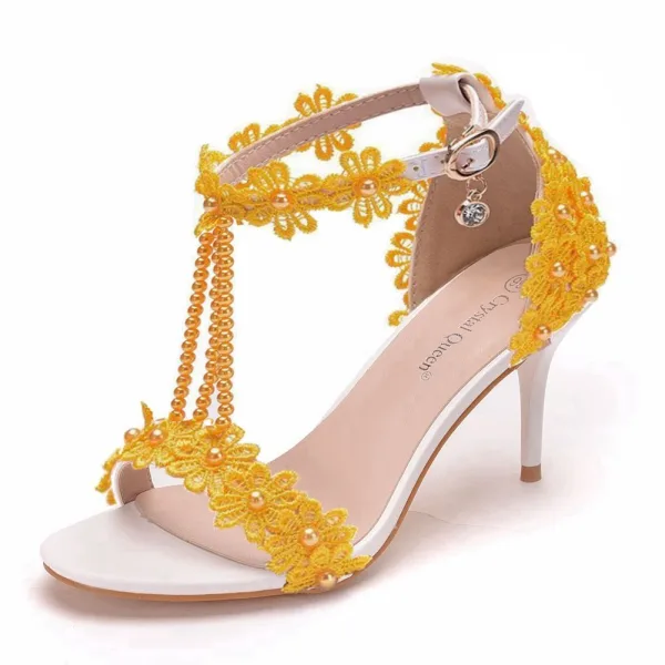 Charming Multi-Colors T-Strap Pearl Lace Flower Prom Womens Sandals 2024 7 cm Stiletto Heels Open / Peep Toe Sandals High Heels