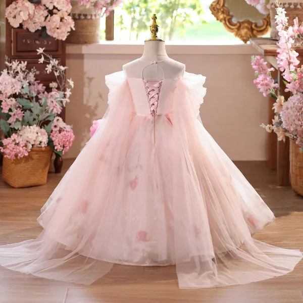 Chic / Beautiful Blushing Pink Appliques Birthday Flower Girl Dresses 2025 Ball Gown Off-The-Shoulder Short Sleeve Backless Floor-Length / Long