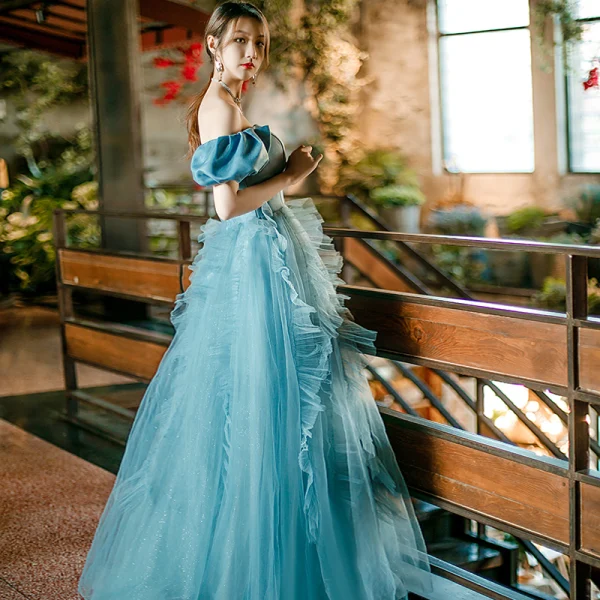 Chic / Beautiful Jade Green Prom Dresses 2022 A-Line / Princess Puffy Off-The-Shoulder Short Sleeve Backless Floor-Length / Long Prom Formal Dresses Chic / Beautiful Jade Green Prom Dresses 2022 A-Line / Princess Puffy Off-The-Shoulder Short Sleeve Backless Floor-Length / Long Prom Formal Dresses