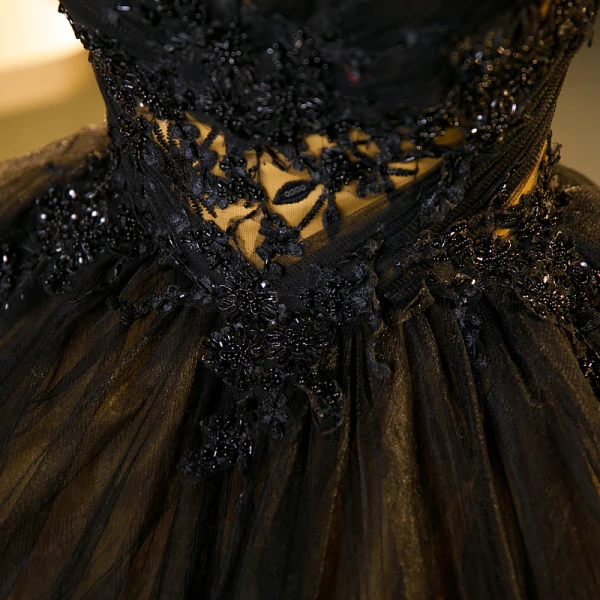 Vintage / Retro Black Beading Sequins Lace Flower Cascading Ruffles Prom Dresses 2023 Ball Gown Scoop Neck Puffy Short Sleeve Backless Floor-Length / Long Prom