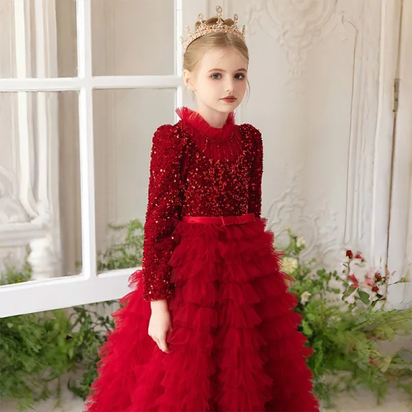 Sparkly Sage Green Cascading Ruffles Sequins Birthday Flower Girl Dresses 2024 A-Line / Princess High Neck Long Sleeve Bow Sash Floor-Length / Long Flower Girl Dresses
