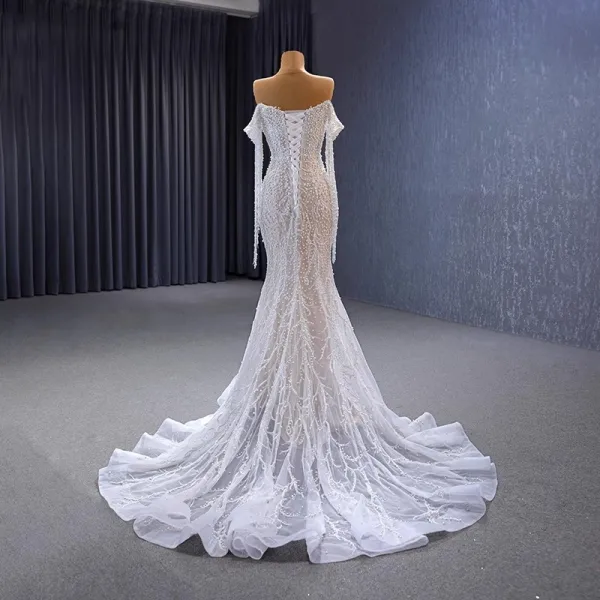 Luxury / Gorgeous Sexy White Handmade  Beading Sequins Pearl Tassel Wedding Dresses 2023 Off-The-Shoulder Trumpet / Mermaid Sleeveless Backless Sweep Train