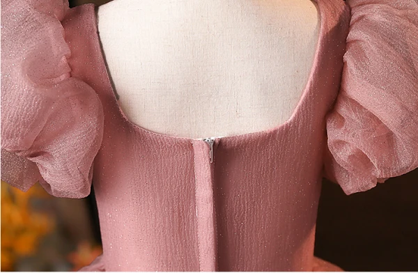 Chic / Belle Rougissant Rose Anniversaire Robe Ceremonie Fille 2024 Robe Boule Encolure Carrée Gonflée Manches Courtes Dos Nu Longue