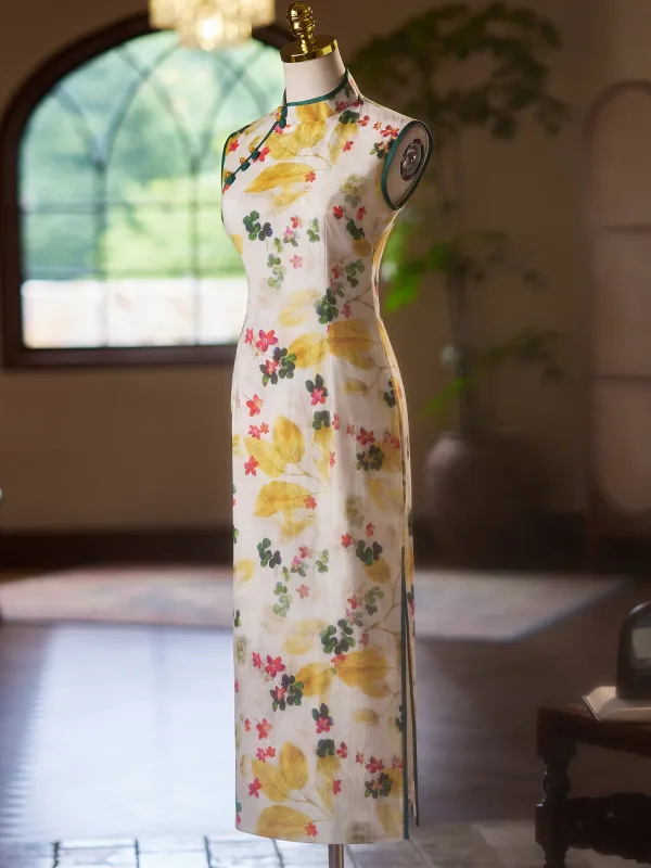 Chinese style Yellow Printing Tea-length Prom Split Front Cheongsam 2024 Trumpet / Mermaid High Neck Sleeveless