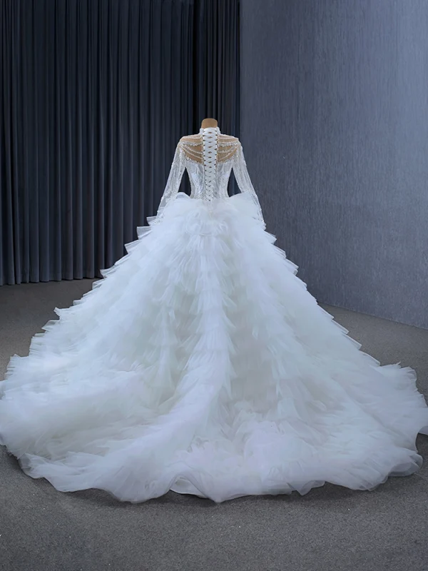 Luxury / Gorgeous White Handmade  Beading Rhinestone Sequins Cascading Ruffles Wedding Dresses 2024 Ball Gown High Neck Long Sleeve Chapel Train Wedding