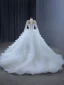 Luxury / Gorgeous White Handmade  Beading Rhinestone Sequins Cascading Ruffles Wedding Dresses 2024 Ball Gown High Neck Long Sleeve Chapel Train Wedding