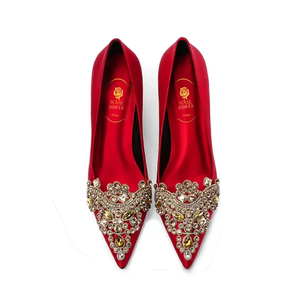 Chinese style Red Satin Rhinestone Wedding Shoes 2024 Low Heel Pointed Toe Wedding Pumps High Heels
