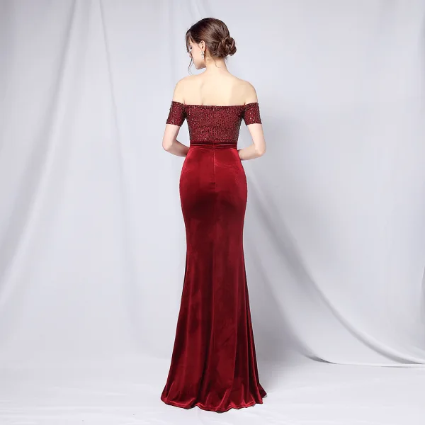 Sexy Black Sequins Evening Dresses 2022 Trumpet / Mermaid Off-The-Shoulder Short Sleeve Backless Split Front Floor-Length / Long Prom Formal Dresses