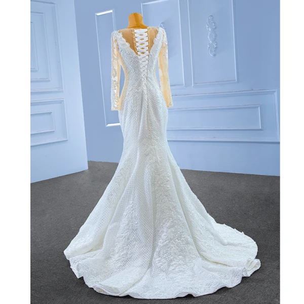 High-end White Beading Sequins Lace Flower Wedding Dresses 2023 Trumpet / Mermaid Scoop Neck Long Sleeve Sweep Train Wedding