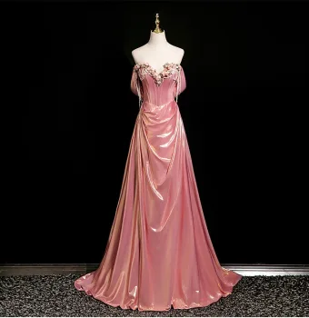 Chic Belle Rougissant Rose Perlage Appliques Robe De Bal 2025 Princesse De L Épaule Sans Manches Dos Nu Train De Balayage Promo Robe De Ceremonie