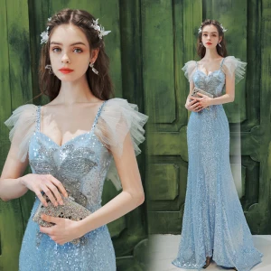 Sparkly Sky Blue Beading Sequins Prom Dresses 2022 Trumpet Mermaid Square Neckline Sleeveless Backless Floor Length Long Formal Dresses