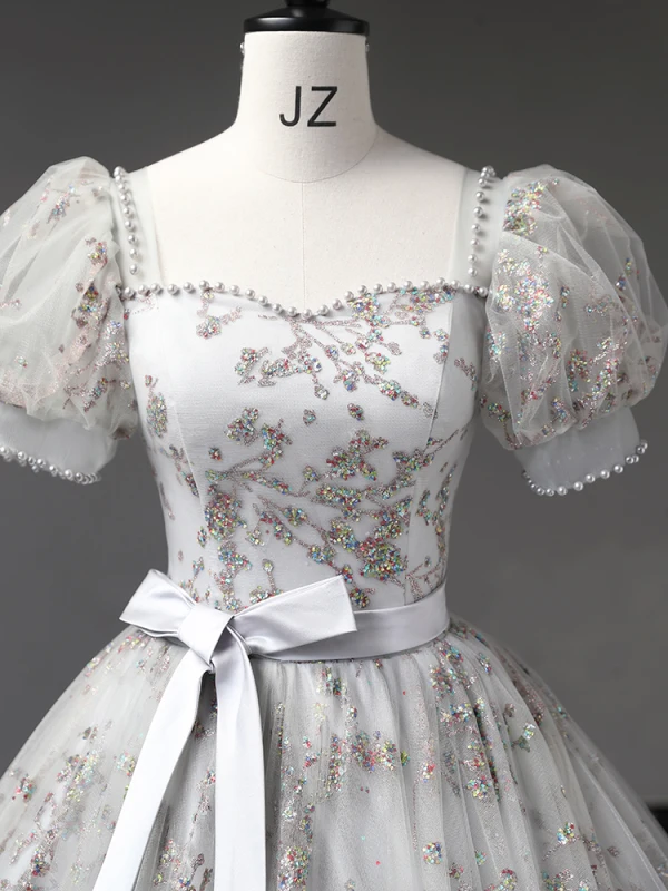 Elegant Grey Beading Pearl Sequins Prom Dresses 2023 Ball Gown Square Neckline Bow Sash Short Sleeve Backless Floor-Length / Long Prom Formal Dresses
