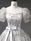 Elegant Grey Beading Pearl Sequins Prom Dresses 2023 Ball Gown Square Neckline Bow Sash Short Sleeve Backless Floor-Length / Long Prom Formal Dresses