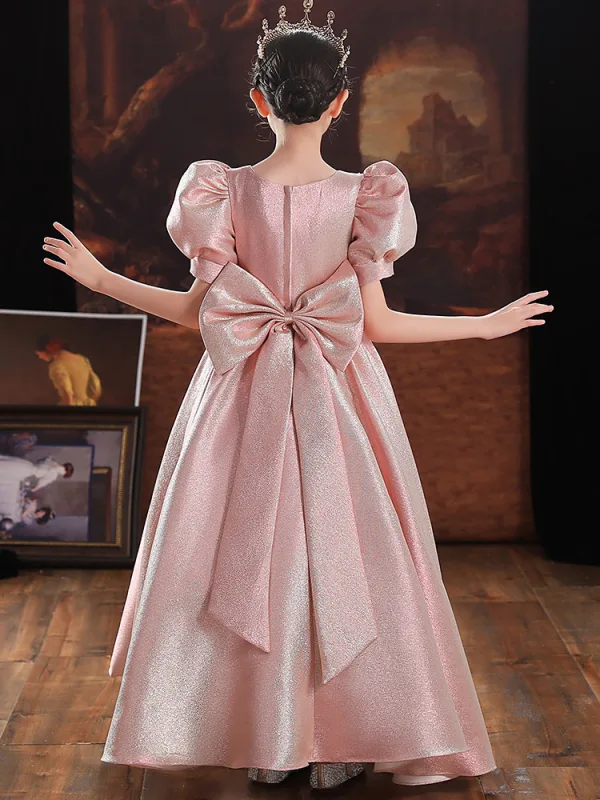 Lovely Blushing Pink Satin Birthday Flower Girl Dresses 2022 A-Line / Princess Scoop Neck Short Sleeve Beading Sequins Bow Floor-Length / Long