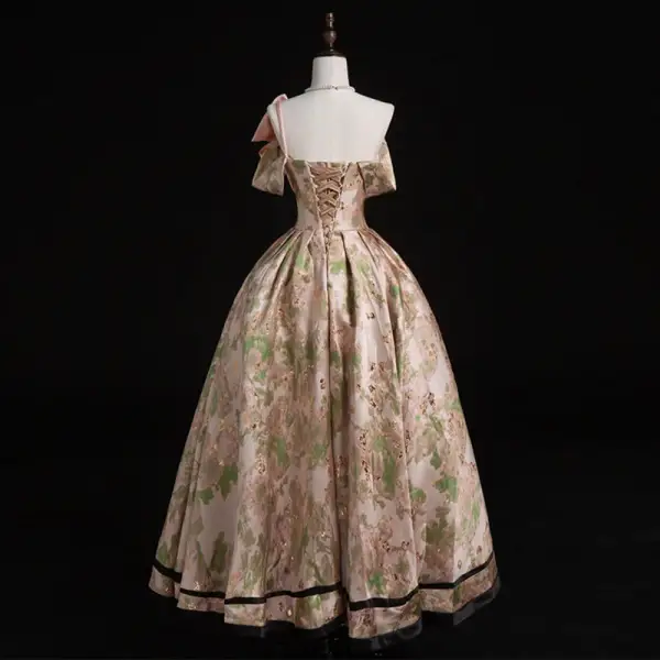 Medieval Blushing Pink Printing Prom Dresses 2022 Satin Ball Gown One-Shoulder Bow Rhinestone Short Sleeve Backless Floor-Length / Long Formal Dresses