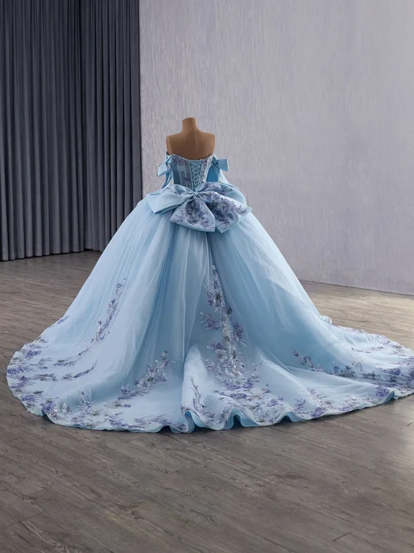 Luxury / Gorgeous Sky Blue Handmade  Beading Sequins Lace Flower Prom Dresses 2025 Ball Gown Off-The-Shoulder Sleeveless Backless Bow Floor-Length / Long