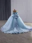 Luxury / Gorgeous Sky Blue Handmade  Beading Sequins Lace Flower Prom Dresses 2025 Ball Gown Off-The-Shoulder Sleeveless Backless Bow Floor-Length / Long
