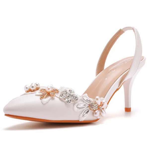 Charming White Pearl Rhinestone Lace Flower Wedding Shoes 2023 7 cm Stiletto Heels Pointed Toe Wedding Sandals High Heels