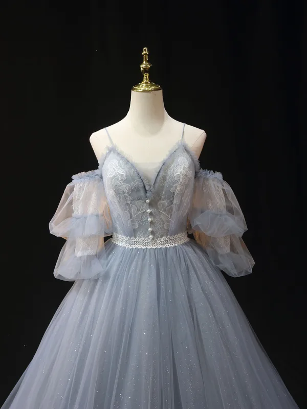 Charming Sky Blue Lace Flower Pleated Prom Dresses 2024 Ball Gown Spaghetti Straps Short Sleeve Backless Floor-Length / Long Formal Dresses