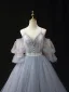 Charming Sky Blue Lace Flower Pleated Prom Dresses 2024 Ball Gown Spaghetti Straps Short Sleeve Backless Floor-Length / Long Formal Dresses