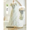Chic / Beautiful Sage Green Flower Bridesmaid Dresses 2023 A-Line / Princess Puffy Short Sleeve Backless Tea-length Bridesmaid Dresses