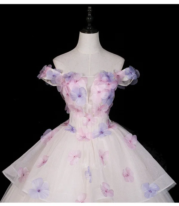 Blumenfee Weiß Perle Applikationen Ballkleider 2026 Ballkleid Off Shoulder Kurze Ärmel Rückenfreies