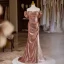 Sexy Scintillantes Or Rose Paillettes Perlage Perle Robe De Soirée 2024 Trompette / Sirène De l'épaule Manches Courtes Dos Nu Fendue devant Longue Robe De Ceremonie