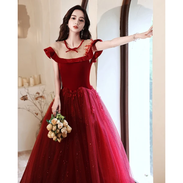 Chic / Belle Bordeaux Paillettes Robe De Bal 2023 Princesse Encolure Dégagée Sans Manches Dos Nu Longue Promo Robe De Ceremonie