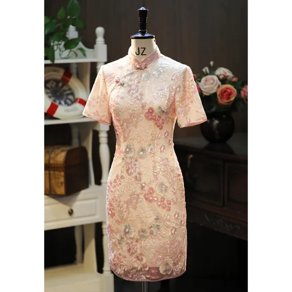 Chic / Beautiful Blushing Pink Lace Flower Sequins Evening Party Cheongsam 2024 Trumpet / Mermaid High Neck Short Sleeve Tea-length