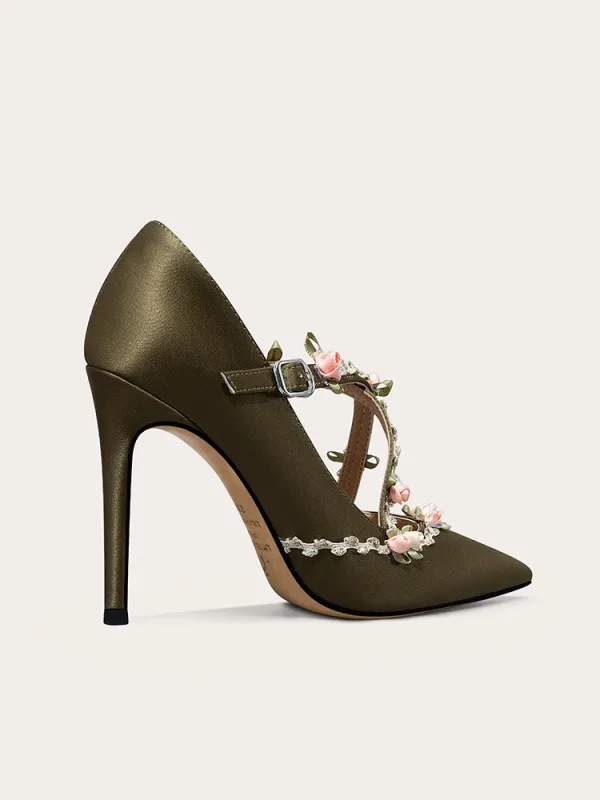 Bloemenfee Klaver Groen Appliques Gala Pumps 2025 Leer X-Strap 10 cm Naaldhakken / Stiletto Spitse Neus Pumps Hoge Hakken