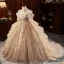 Scintillantes Champagne Perlage Faux Diamant En Dentelle Fleur Volants en Cascade Robe Ceremonie Fille 2024 Robe Boule Anniversaire Encolure Dégagée Manches Courtes Dos Nu Longue