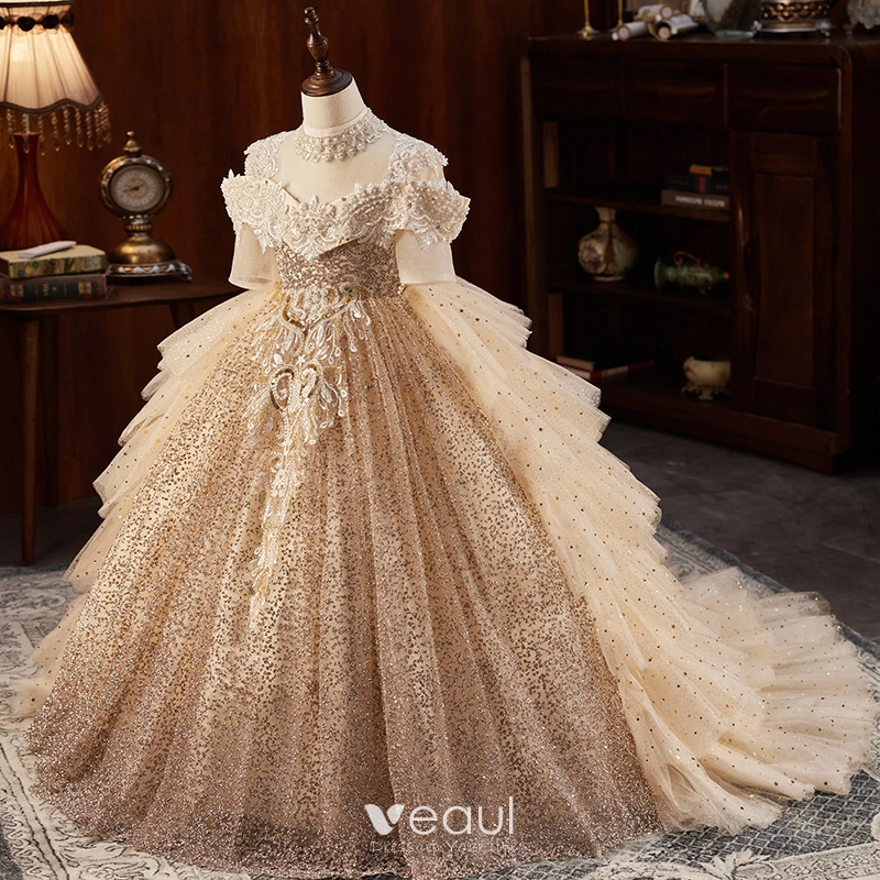 Sparkly Champagne Beading Rhinestone Lace Flower Cascading Ruffles Flower Girl Dresses 2024 Ball Gown Birthday Scoop Neck Short Sleeve Backless Floor Length Long