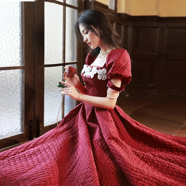 Elegant Burgundy Appliques Prom Dresses 2023 A-Line / Princess Square Neckline Short Sleeve Backless Floor-Length / Long Prom Formal Dresses