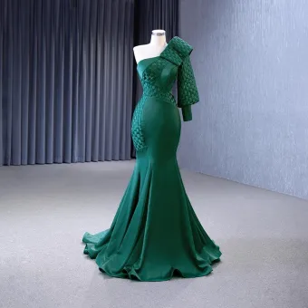 Vintage Originale Haut De Gamme Vert Foncé Robe De Soirée 2023 Trompette Sirène Une Épaule Manches Longues Dos Nu Fermeture Éclair Sur Le Côté Train De Balayage Soirée Robe De Ceremonie