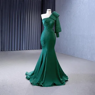 Vintage Retro High End Dark Green Evening Dresses 2023 Trumpet Mermaid One Shoulder Long Sleeve Backless Zipper Up At Side Sweep Train Evening Party Formal Dresses