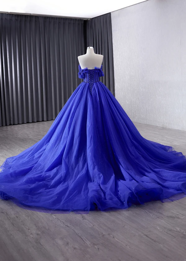 High-end Kongeblå Glitter Håndlavet Beading Rhinestone Gallakjoler 2024 Balkjole Stropløs Ærmeløs Halterneck Chapel Train Galla Kjoler