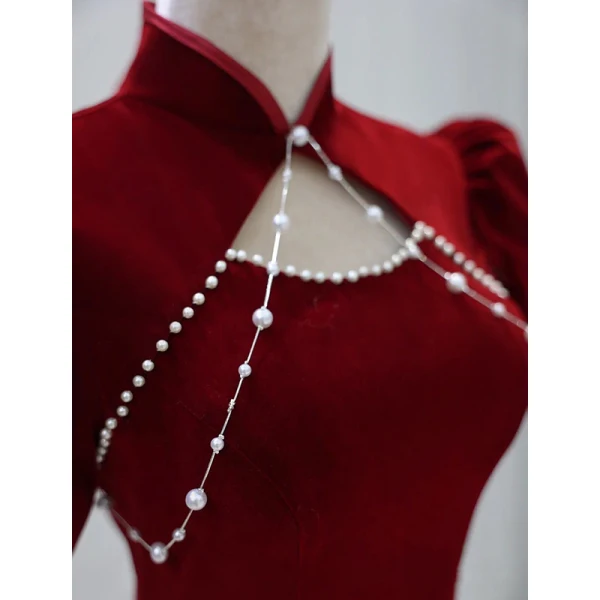 Chinese style Burgundy Suede Pearl Prom Dresses 2022 A-Line / Princess High Neck Short Sleeve Backless Floor-Length / Long Prom Formal Dresses