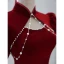 Chinese style Burgundy Suede Pearl Prom Dresses 2022 A-Line / Princess High Neck Short Sleeve Backless Floor-Length / Long Prom Formal Dresses