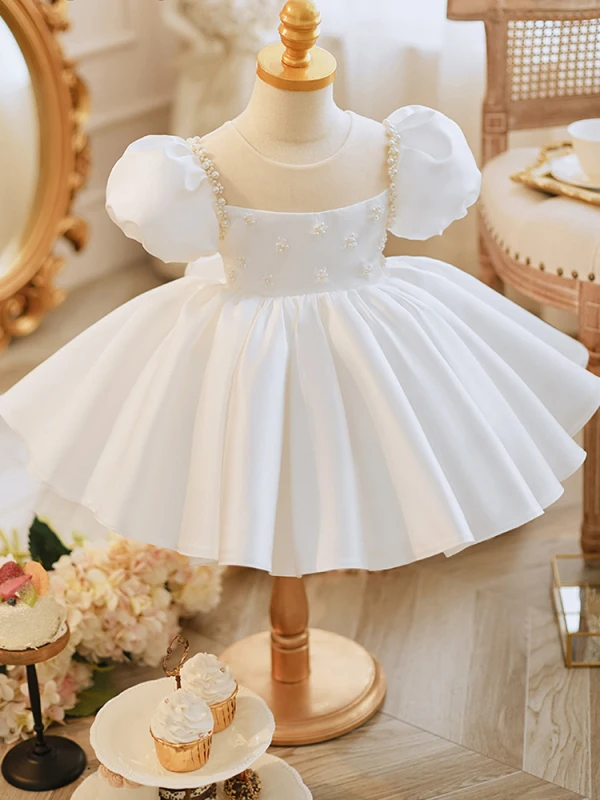 Elegant White Pearl Bow Short Birthday Flower Girl Dresses 2023 Ball Gown Scoop Neck Puffy Short Sleeve