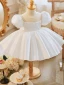 Elegant White Pearl Bow Short Birthday Flower Girl Dresses 2023 Ball Gown Scoop Neck Puffy Short Sleeve