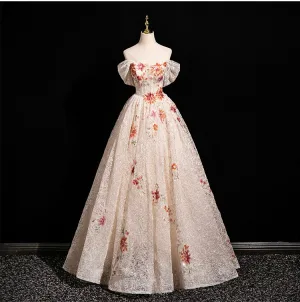 Chic Beautiful Champagne Sequins Lace Flower Prom Dresses 2025 A Line Princess Off The Shoulder Short Sleeve Backless Floor Length Long Tulle Formal Dresses